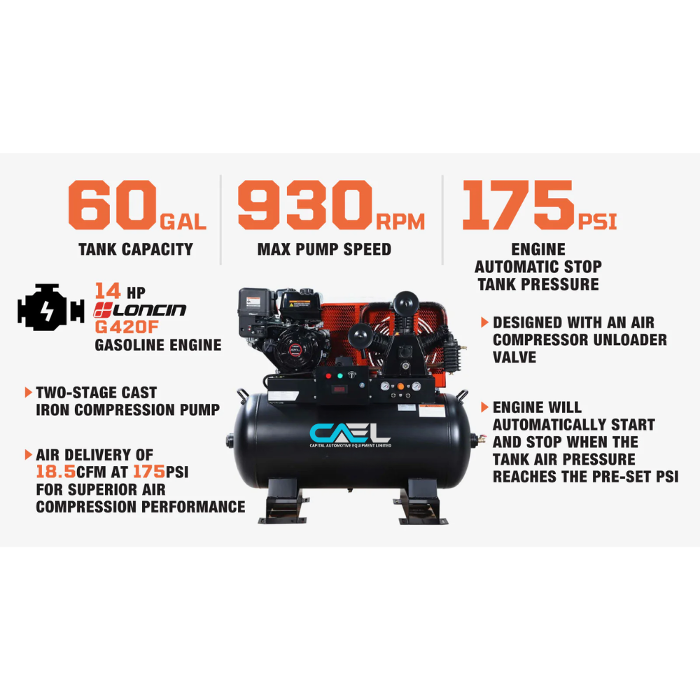 CAEL 320230 - Skid Mount Gas Air Compressor, 2-Stage Belt Drive, 14 HP Engine, Horizontal Tank