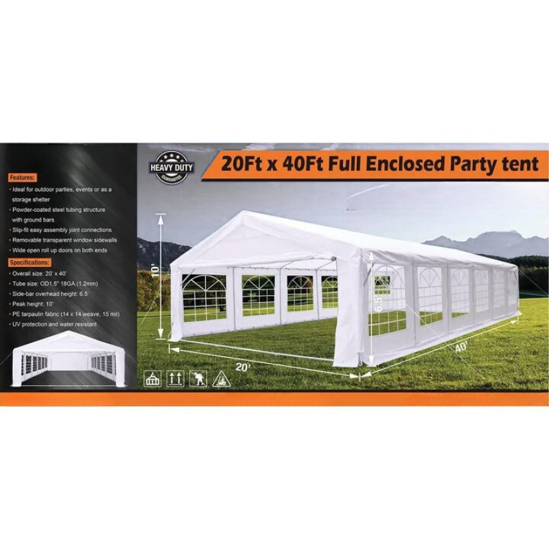 20' x 40' Heavy Duty Outdoor Party Tent with Removable Sidewalls and Roll-Up Doors, 11 oz PE Cover, 6’6" Overhead, 10’ Peak Ceiling